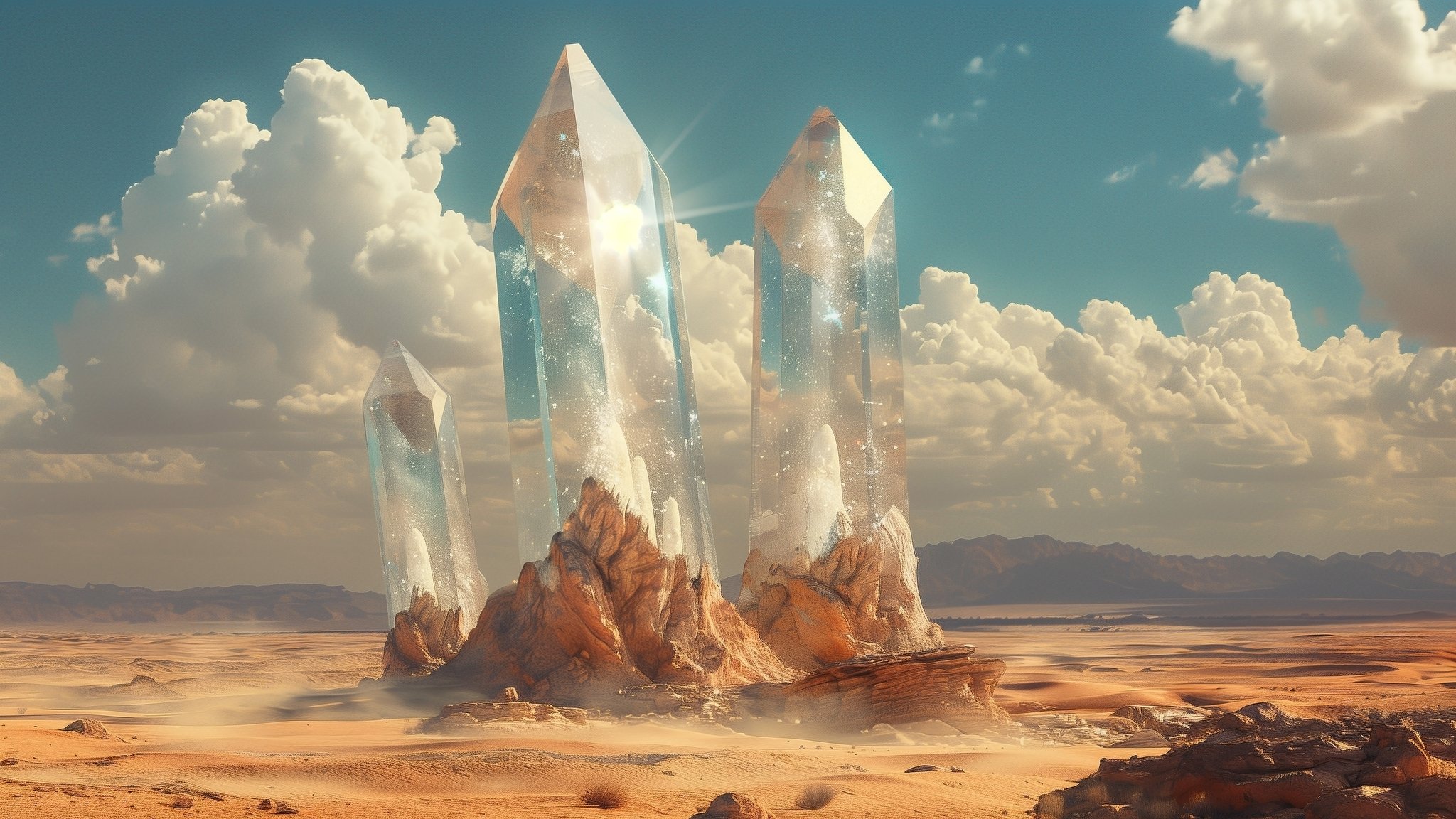 Huge transparent crystals in the desert - QWXGA wallpapers in 2048x1152 resolution