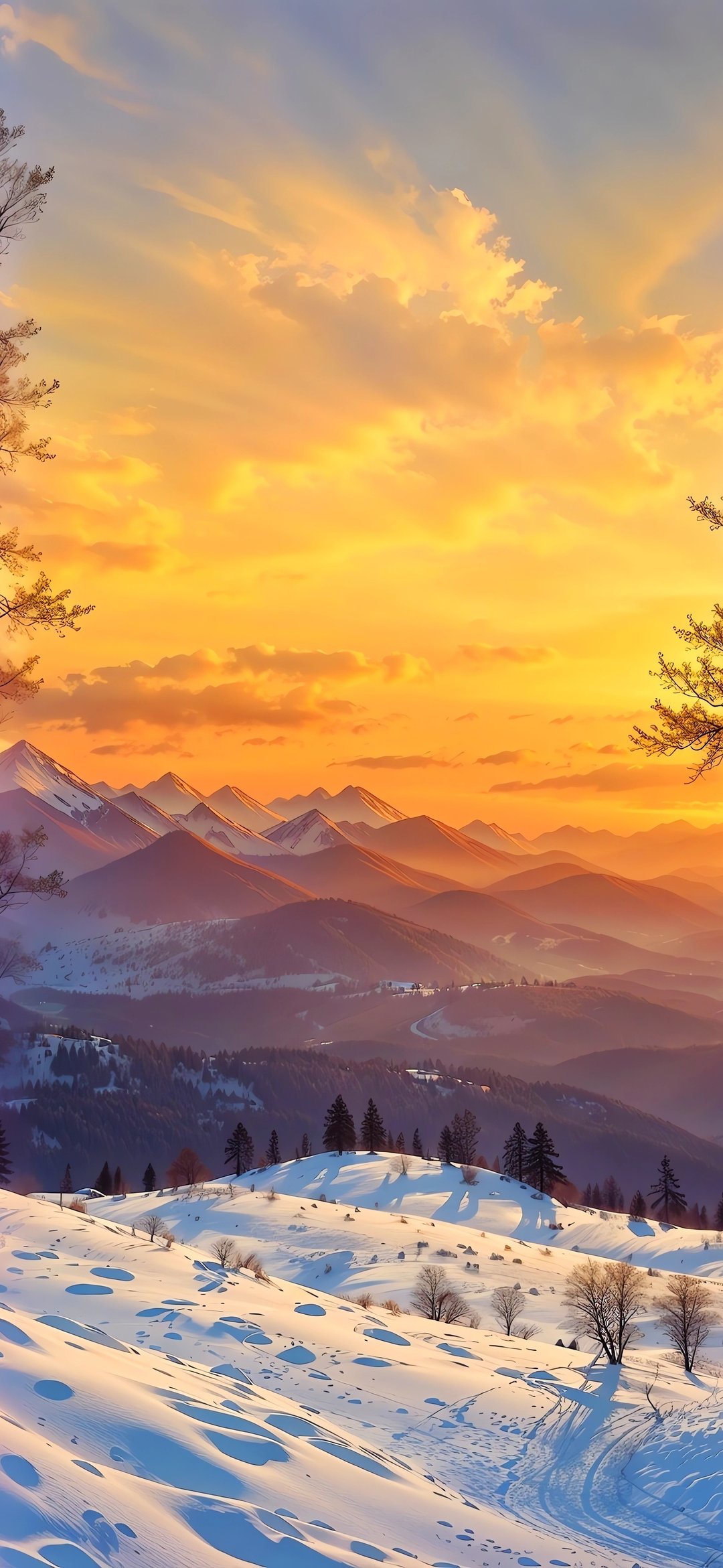 Winter sunset over snowy forest - Wallpapers for iPhone 12 mini/13 mini, Samsung Galaxy S24/S24 FE/S25/S25 FE/S26/A55/A56/A35/A26/A16/M15, Xiaomi, Sony Xperia in 1080x2340 resolution