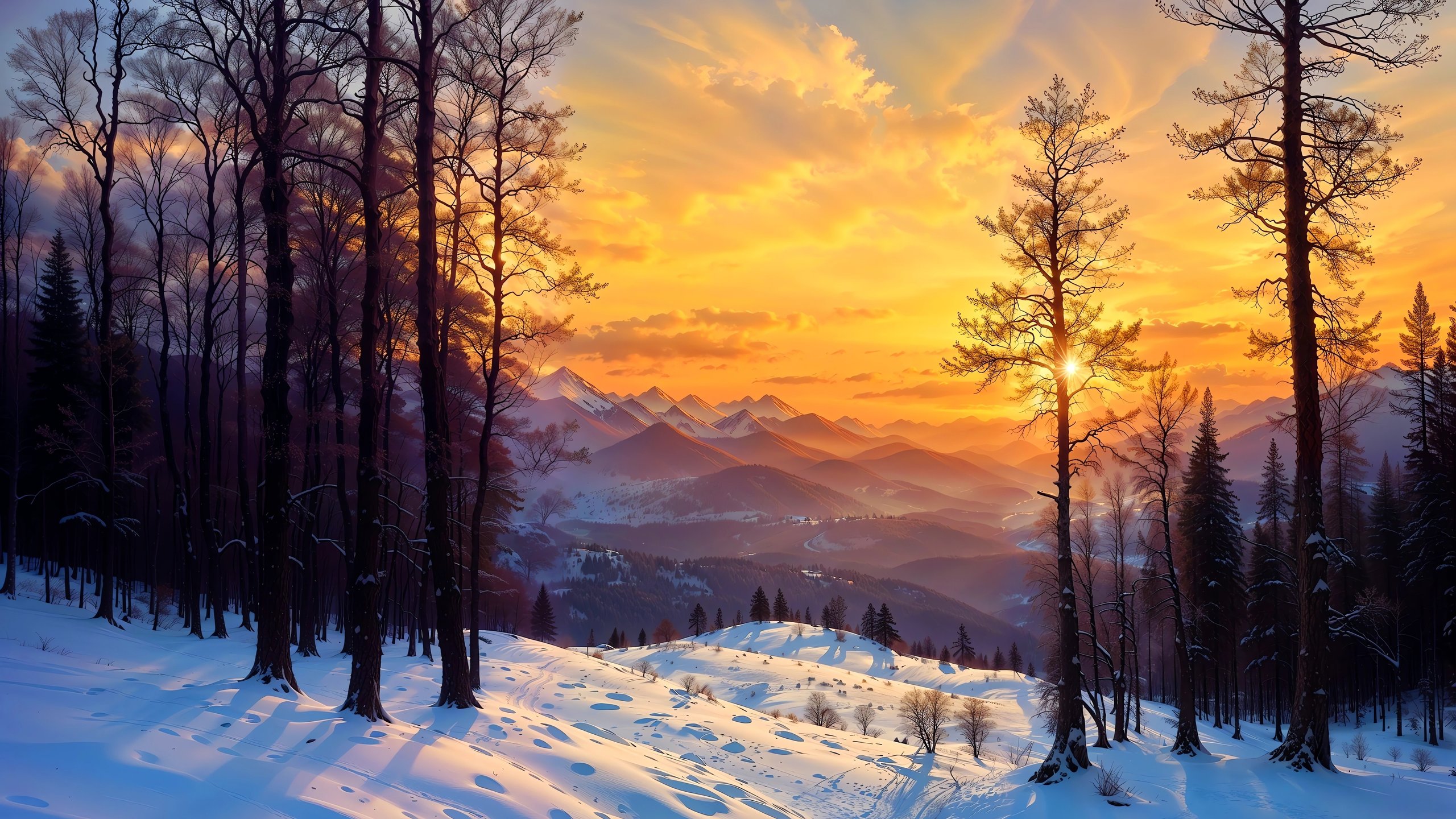 Winter sunset over snowy forest - 2K Quad HD wallpapers in 2560x1440 resolution