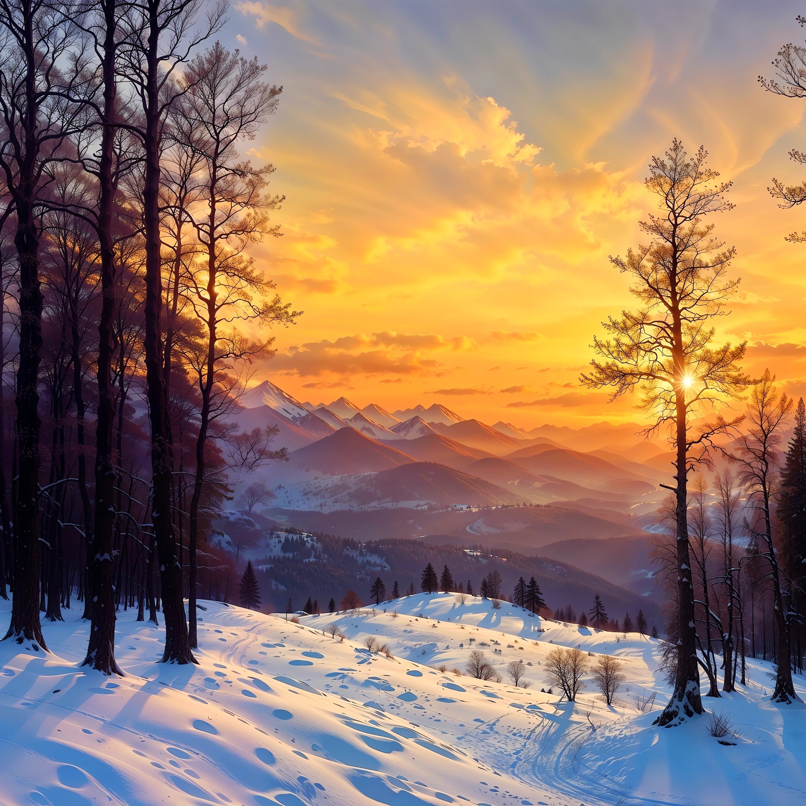 Winter sunset over snowy forest - Wallpapers for iPad Pro 12.9″ in 2732x2732 resolution