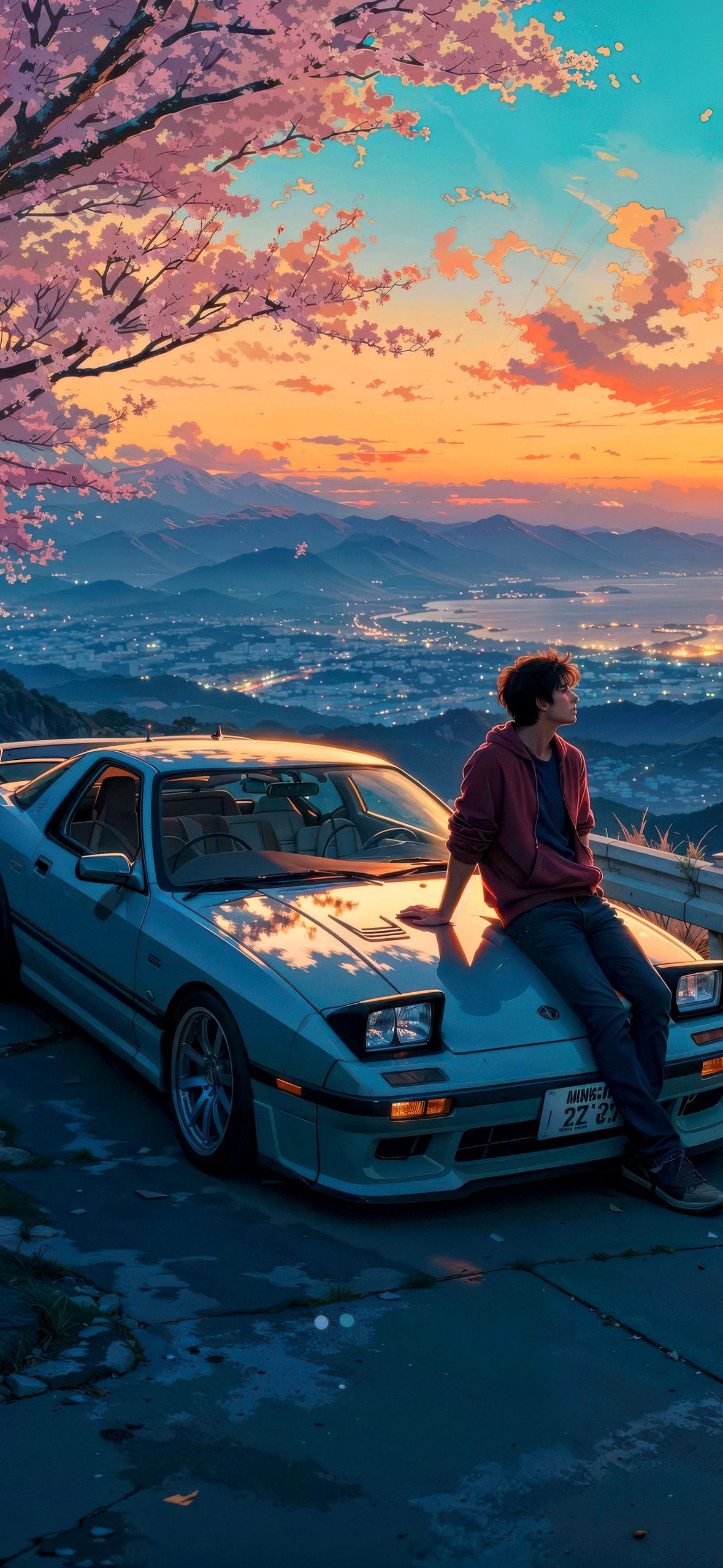 Mazda RX-7 1988 and a man at sunset - Wallpapers for iPhone 14 Pro/15 Pro in 1179x2556 resolution