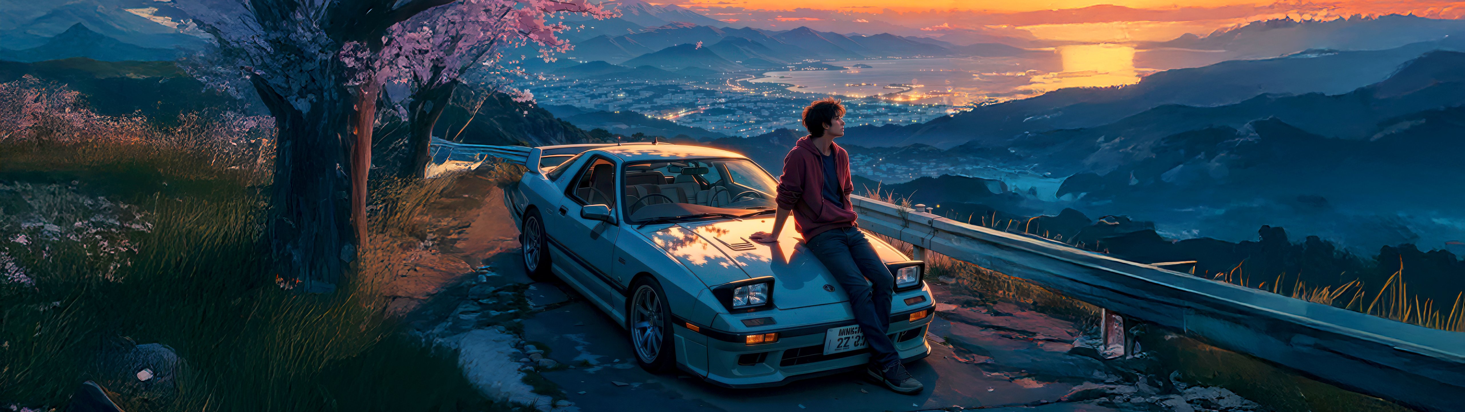 Mazda RX-7 1988 and a man at sunset - UltraWide 32:9 wallpapers in 5120x1440 resolution