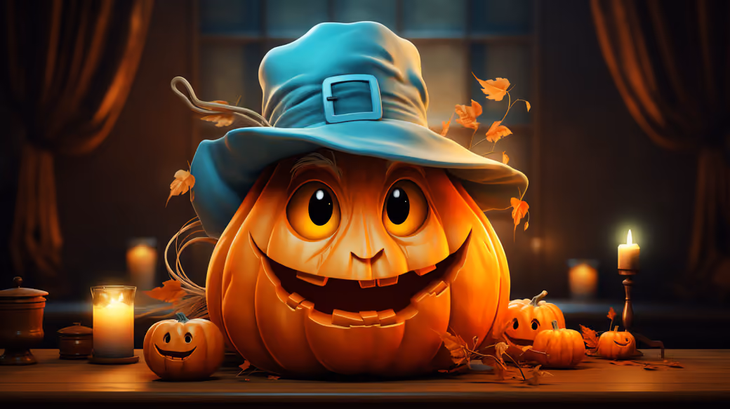 Funny pumpkin in a hat for Halloween — desktop and phone wallpaper, free download