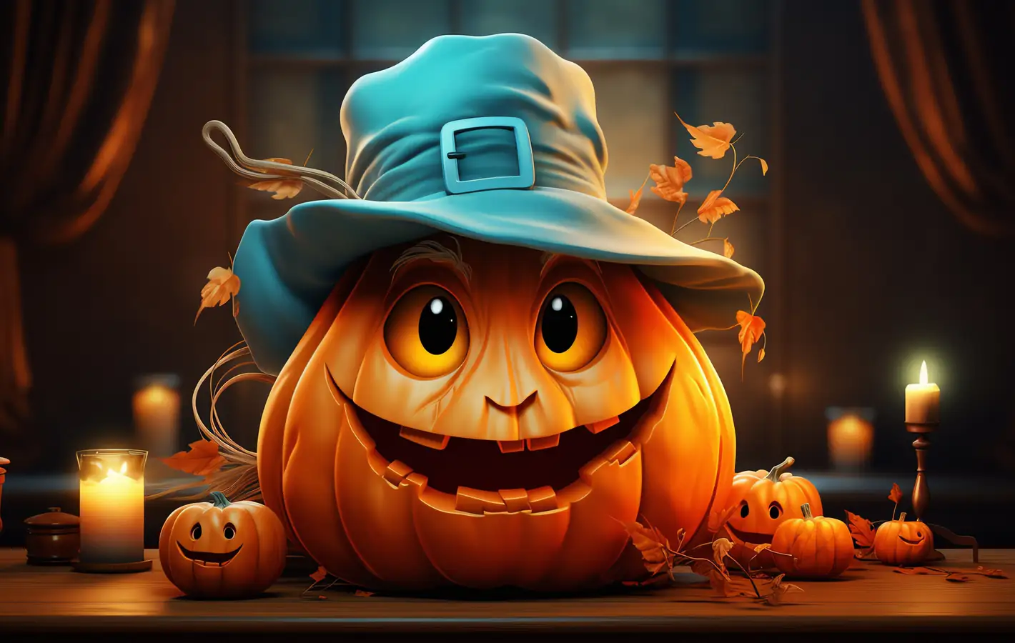 Funny pumpkin in a hat for Halloween — desktop and phone wallpaper, free download