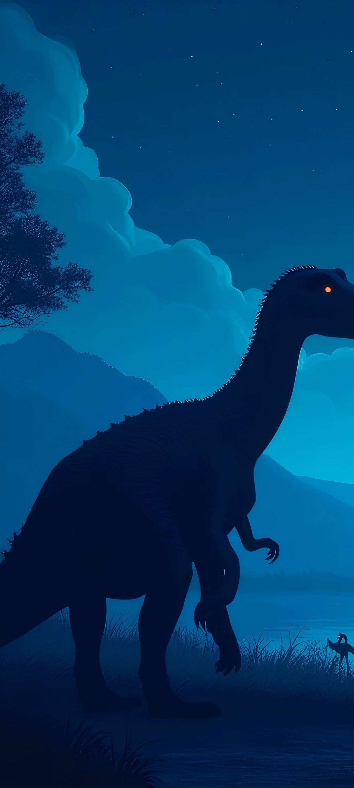 Dinosaur by the river in the forest at night - Wallpapers for Xiaomi 15 in 1200x2670 resolution