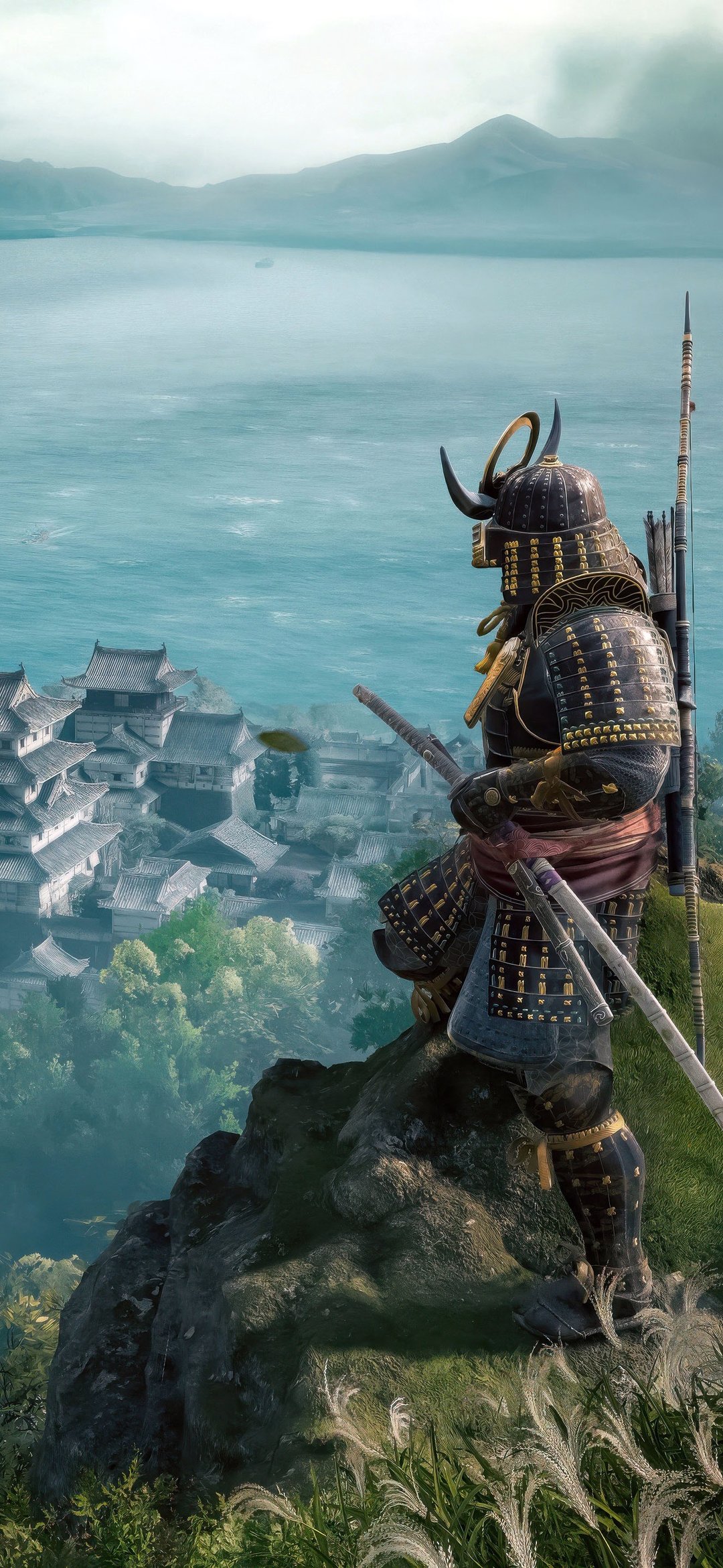 Assassin’s Creed Shadows Samurai overlooking castle - Wallpapers for iPhone 12 mini/13 mini, Samsung Galaxy S24/S24 FE/S25/S25 FE/S26/A55/A56/A35/A26/A16/M15, Xiaomi, Sony Xperia in 1080x2340 resolution
