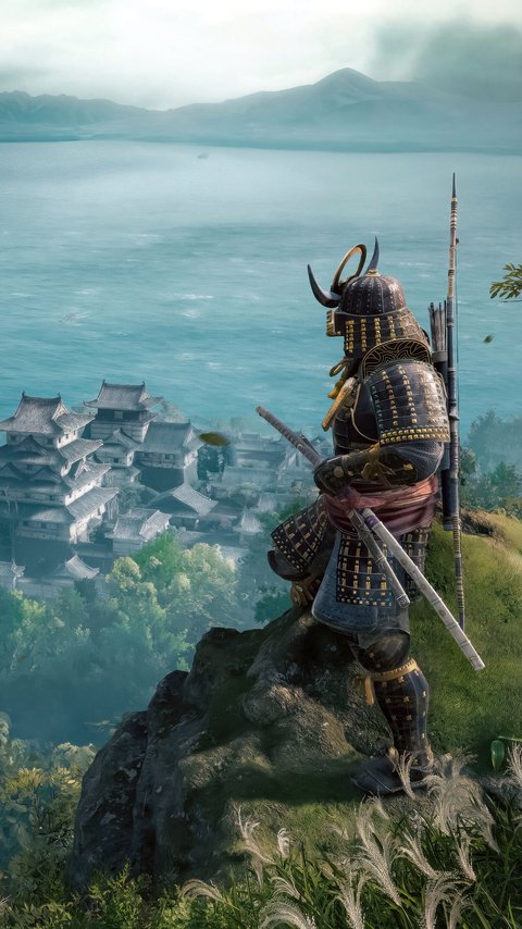 Assassin’s Creed Shadows Samurai overlooking castle - Wallpapers for LG/ASUS in 480x854 resolution
