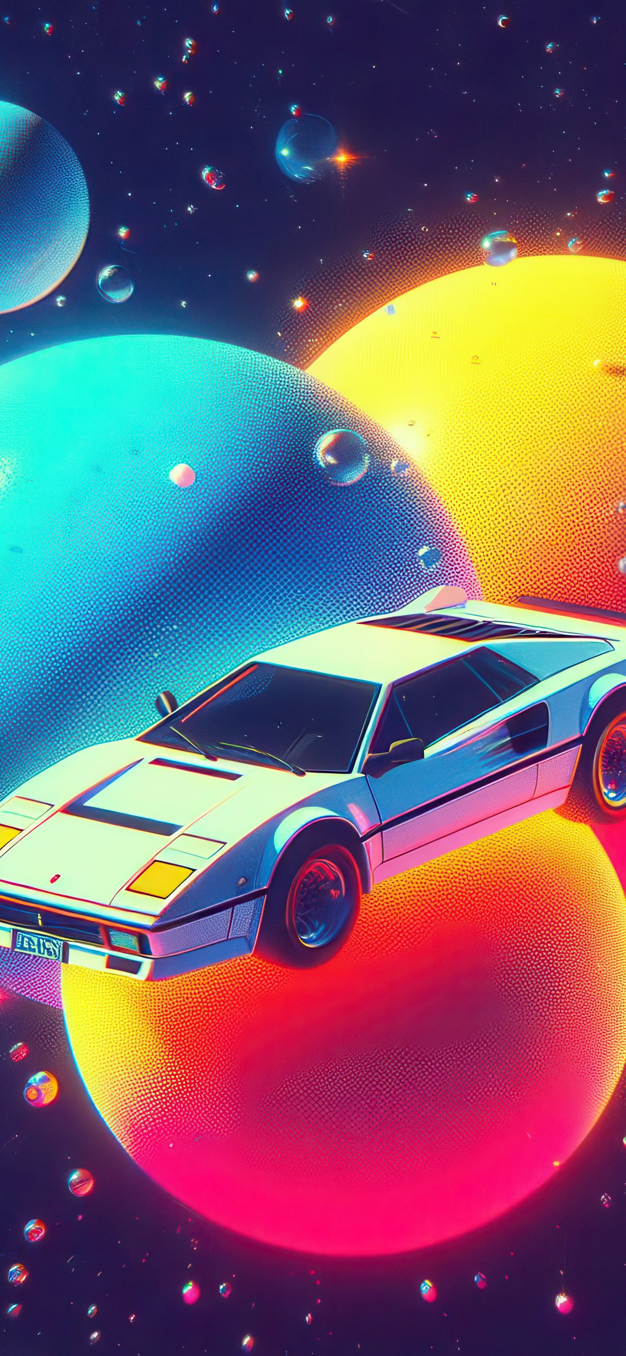 Retro car floating in neon space - Wallpapers for iPhone 13 Pro Max/12 Pro Max/14 Plus in 1284x2778 resolution