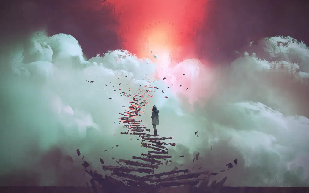 Girl walks up the steps in the clouds — desktop and phone wallpaper, free download