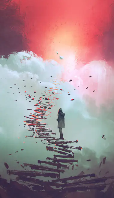 Wallpapers for iPhone 17 Pro/17/16 Pro (1206x2622): girls, staircase, clouds, sky