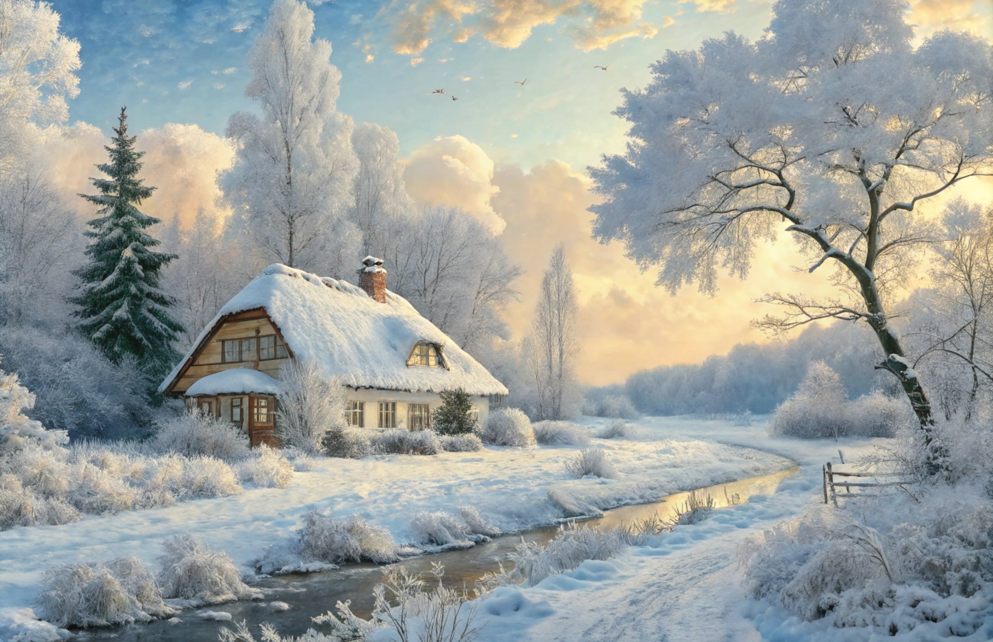 Snowy cabin by winter forest at sunset - Wallpapers for Apple MacBook 16.2″ in 3456x2234 resolution