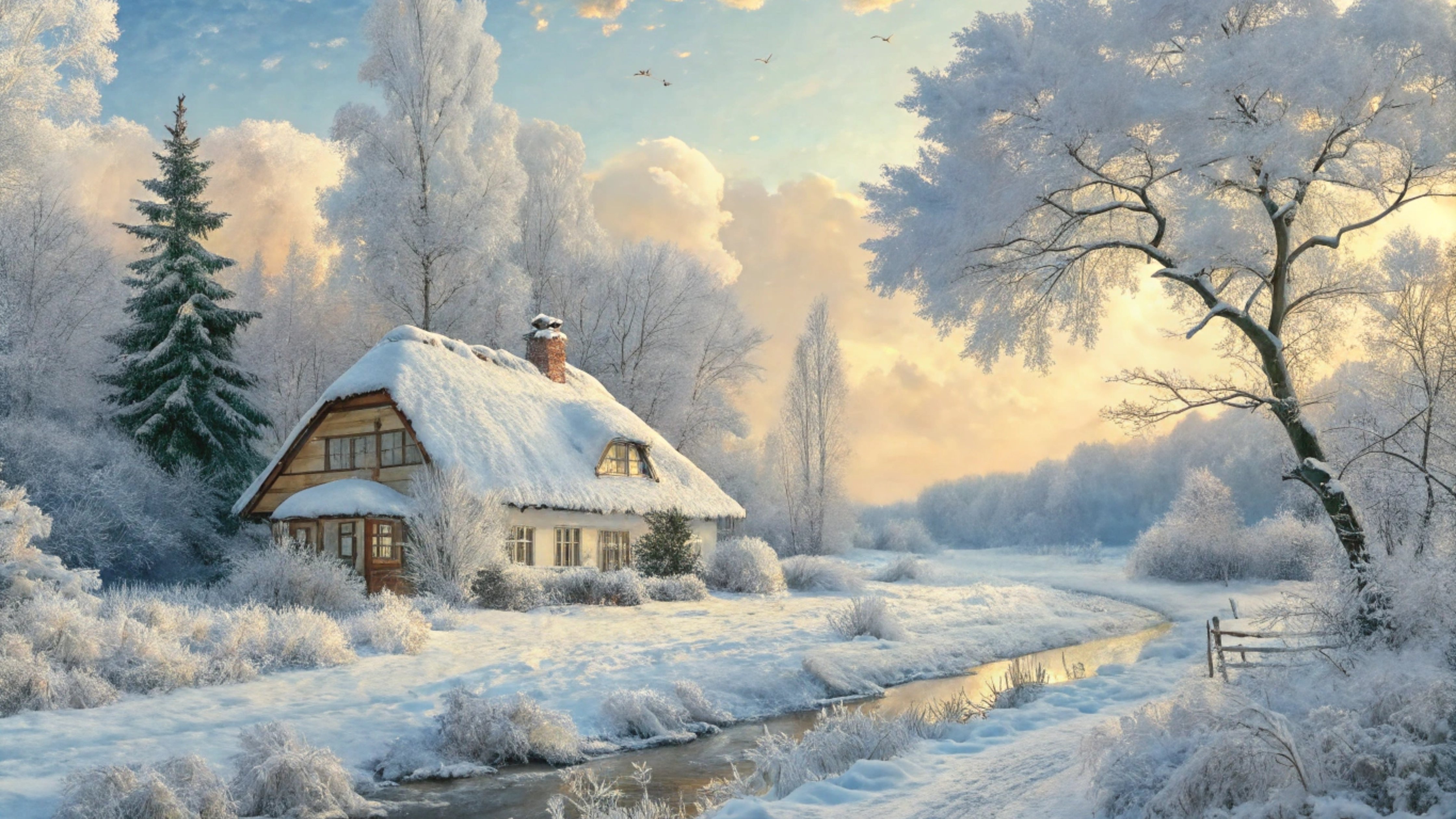 Snowy cabin by winter forest at sunset - Wallpapers for Apple iMac 24″ in 4480x2520 resolution