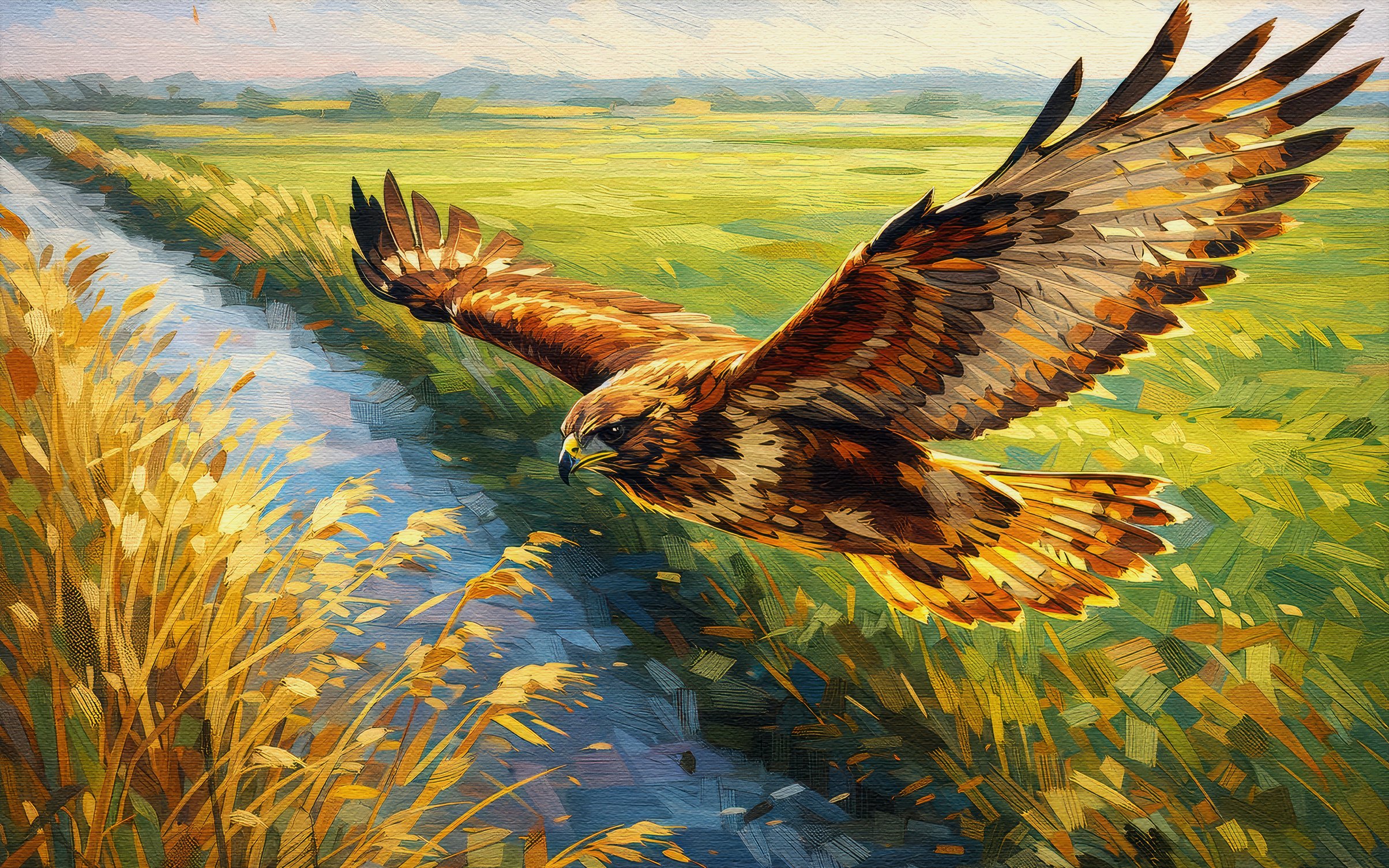 Eagle flying over river and wheat field - Wallpapers for MacBook Neo in 2408x1506 resolution