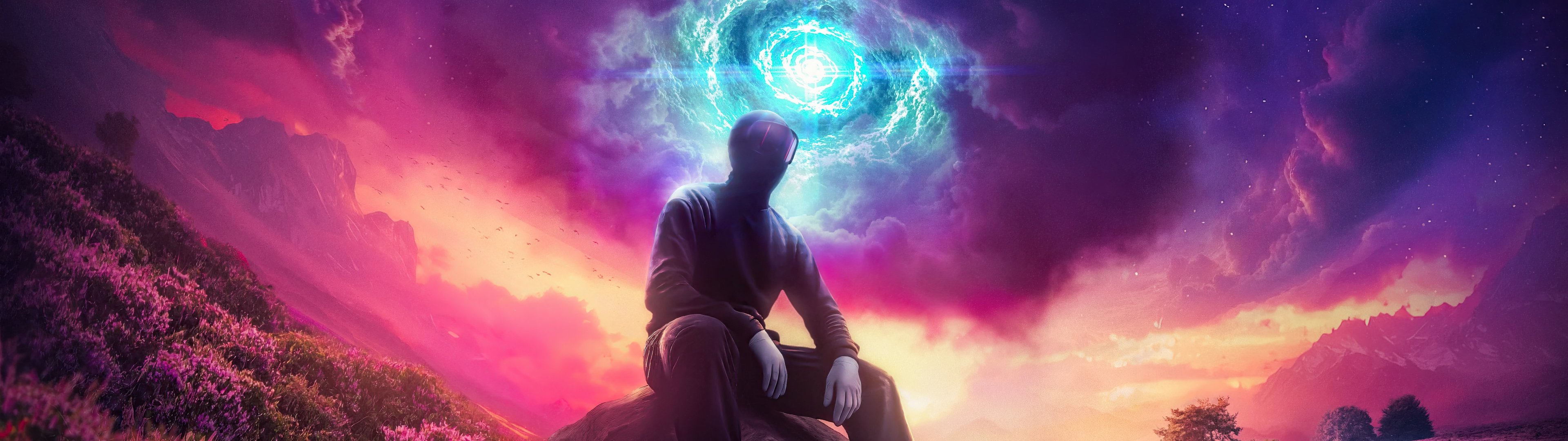 Man sitting in field under portal at sunset - UltraWide 32:9 wallpapers in 3840x1080 resolution