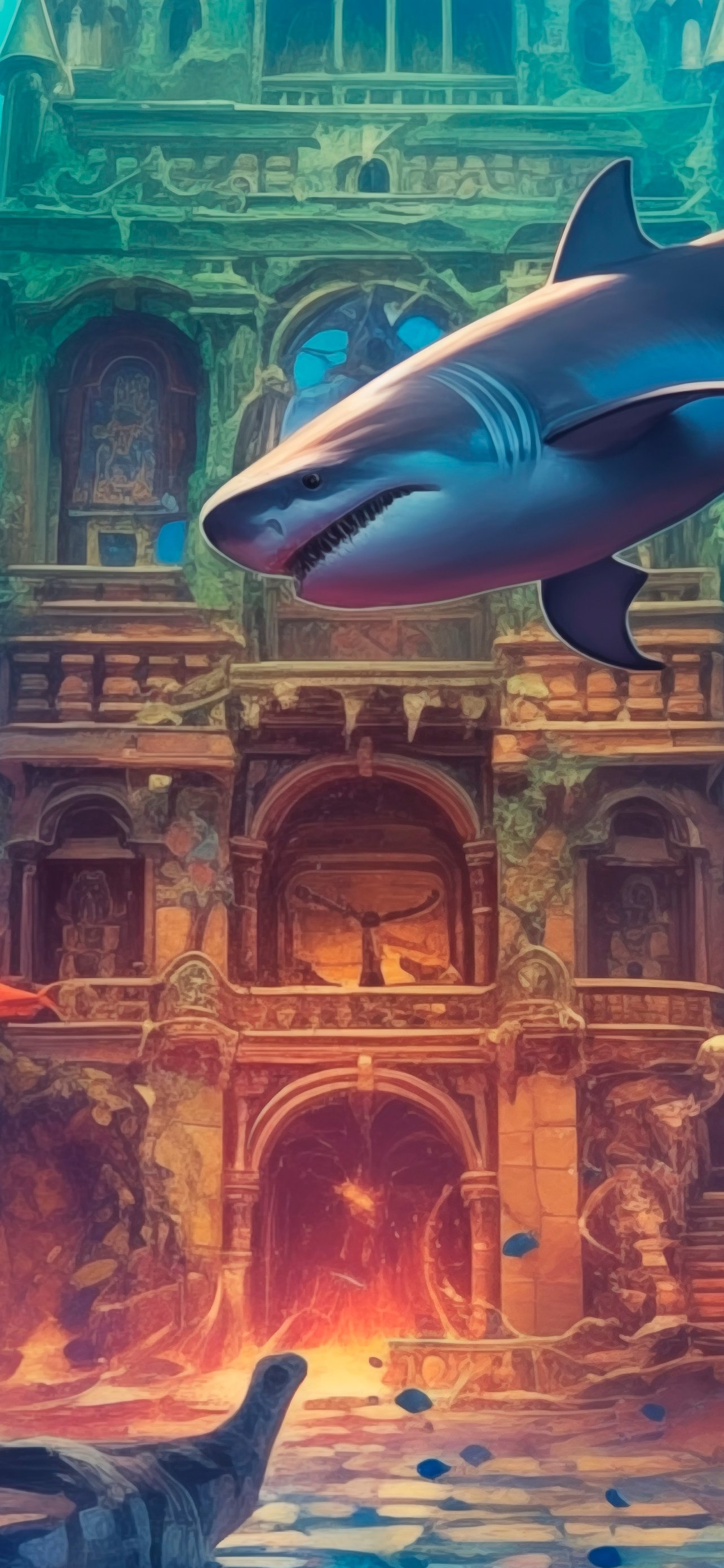 Sunken temple with shark and fish - Wallpapers for iPhone 13 Pro Max/12 Pro Max/14 Plus in 1284x2778 resolution