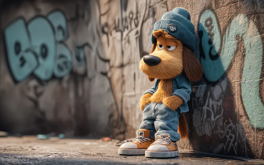 Teenage dog standing by graffiti wall — desktop and phone wallpaper, free download