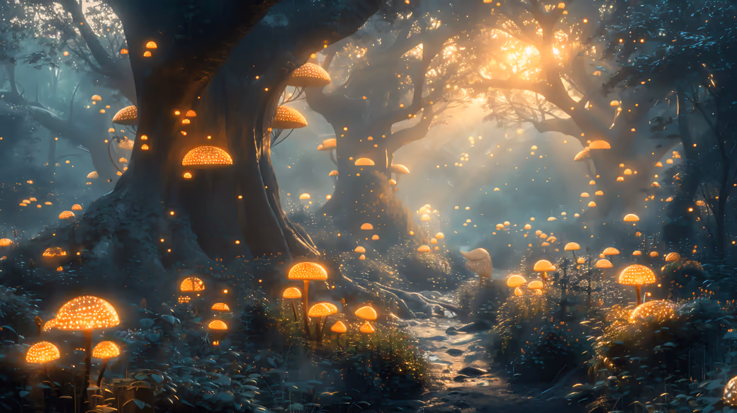 Glowing mushrooms in a magical forest — desktop and phone wallpaper, free download