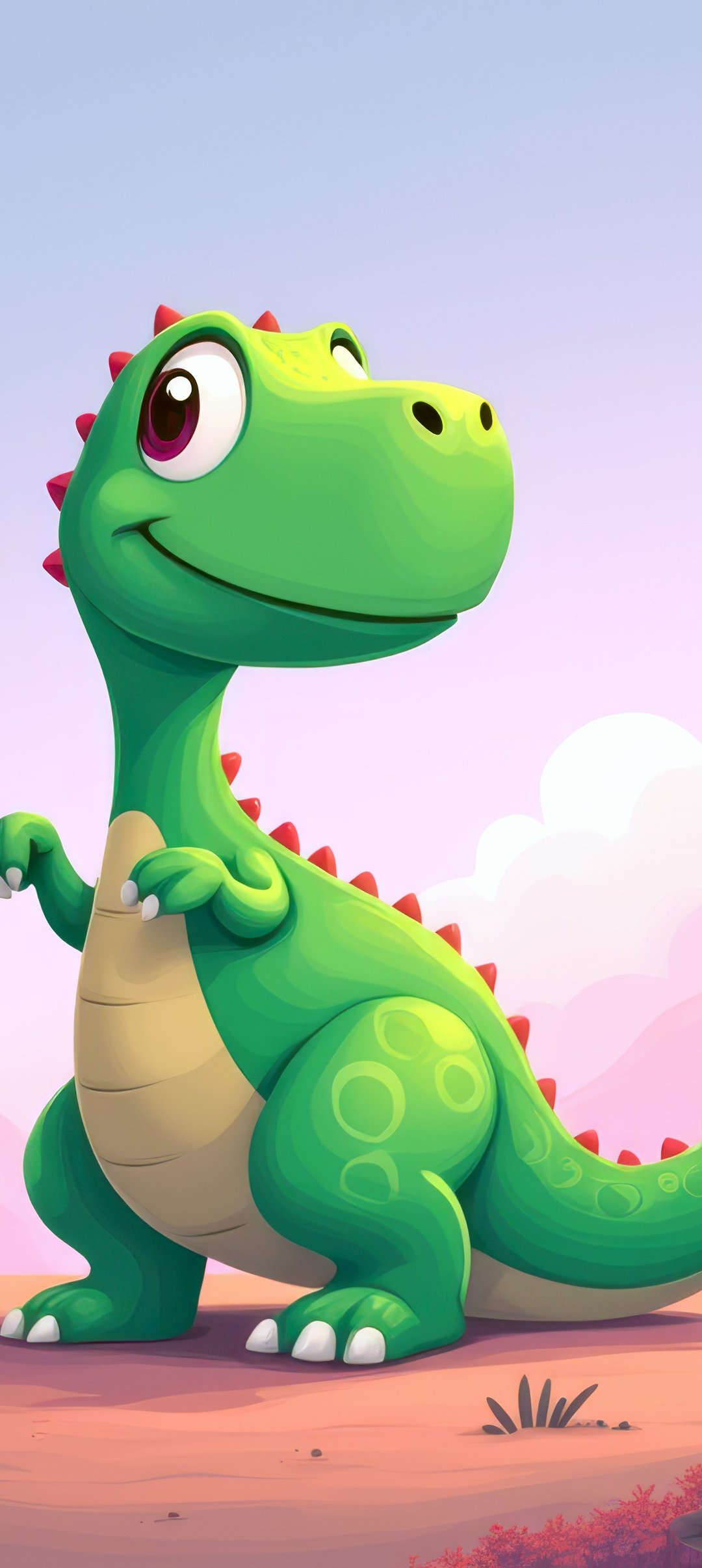 Cute green dinosaur standing in mountains - Wallpapers for Samsung Galaxy A13/A14/A53, Realme 12 Pro 5G, POCO M5 in 1080x2408 resolution