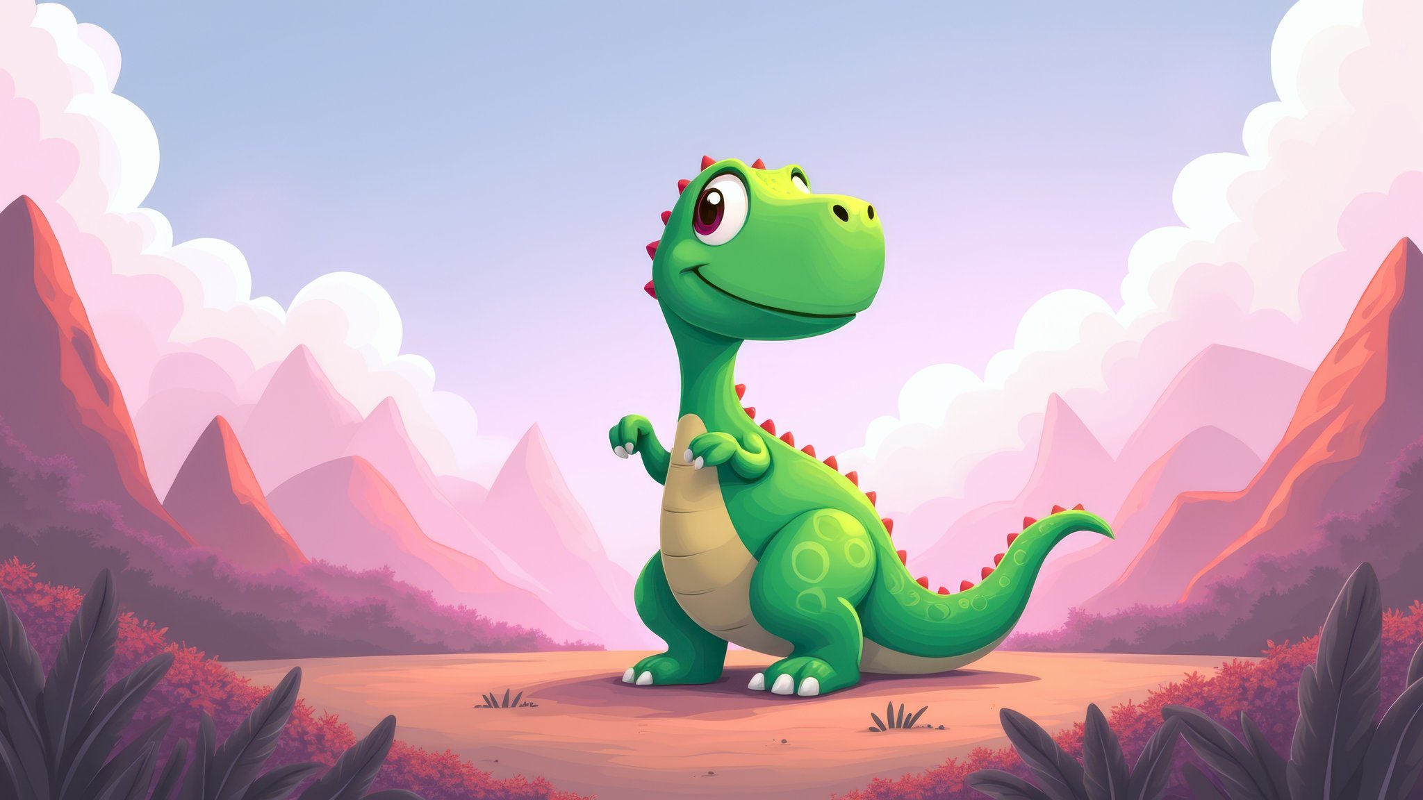 Cute green dinosaur standing in mountains - QWXGA wallpapers in 2048x1152 resolution