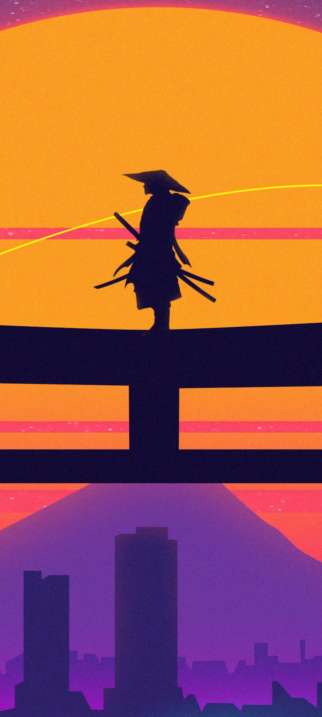 Samurai on a torii in front of a sunset - Wallpapers for Samsung Galaxy M55, POCO M4/X4/X5, Xiaomi Redmi 12/13/Note 13/Note 14/Note 14S in 1080x2400 resolution