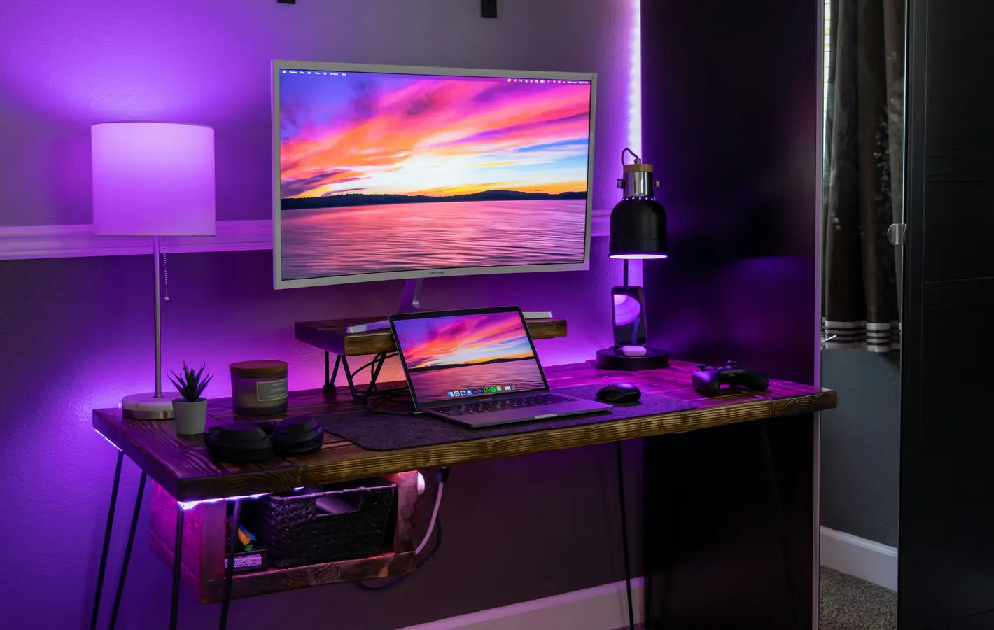Fashionable workspace with dual screen — desktop and phone wallpaper, free download