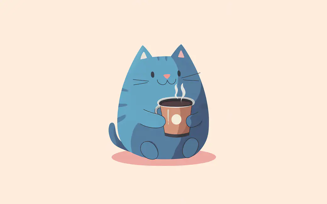 Cute blue cat holding a coffee cup — desktop and phone wallpaper, free download