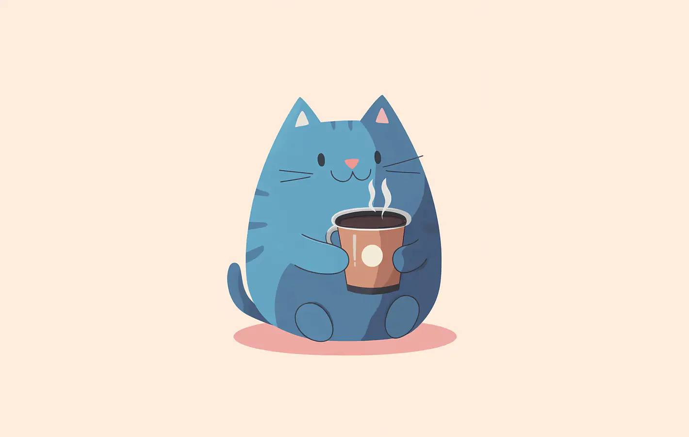 Cute blue cat holding a coffee cup — desktop and phone wallpaper, free download