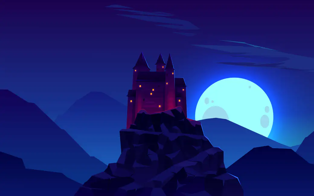Castle on mountain under full moon light — desktop and phone wallpaper, free download
