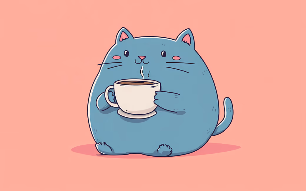 Cute fat cat with coffee — desktop and phone wallpaper, free download