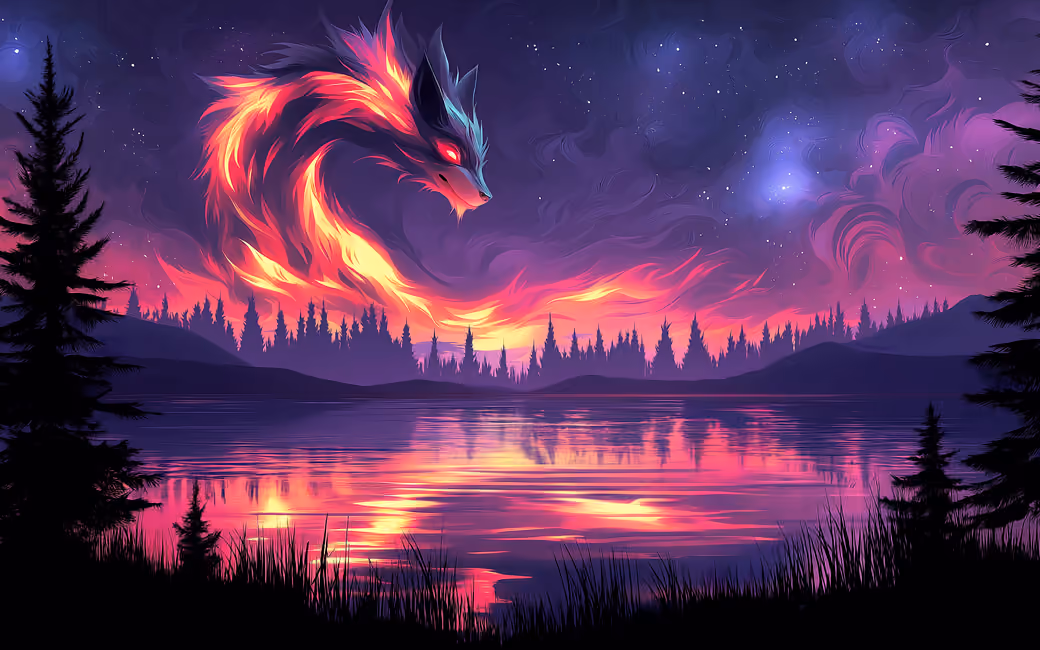 Fantasy fire wolf in the sky — desktop and phone wallpaper, free download
