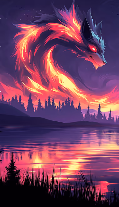 Illustrations wallpapers: wolf, fire, forest, lake