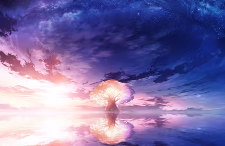 Games wallpapers: Honkai Impact 3, trees, sunset, starry sky