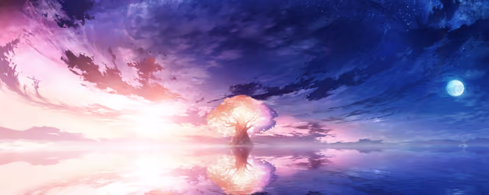 UltraWide 32:9 обои (3840x1080): Honkai Impact 3, деревья, закат, звёздное небо