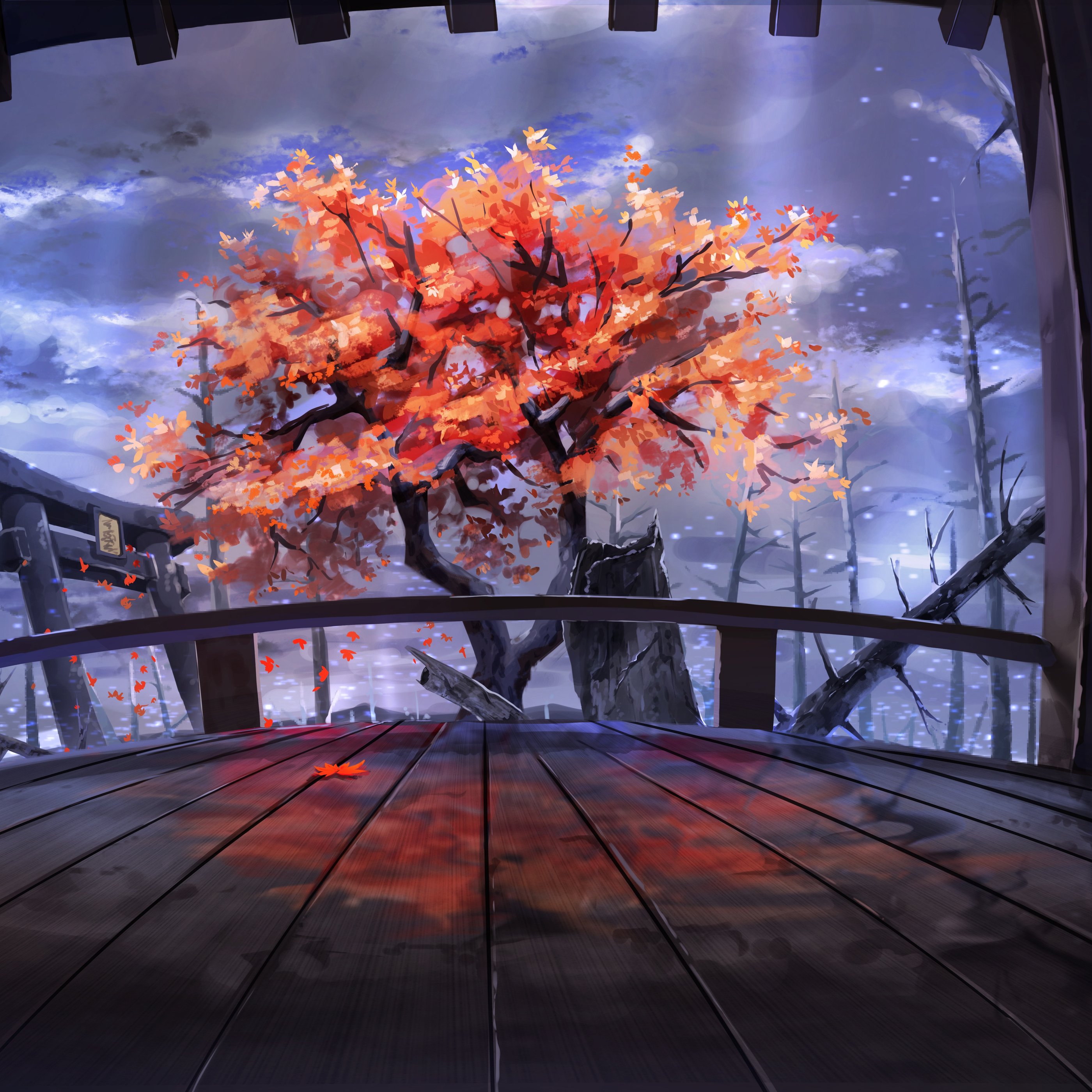 Autumn tree at the abandoned torii - Wallpapers for Samsung Galaxy Tab S9+ in 2800x2800 resolution