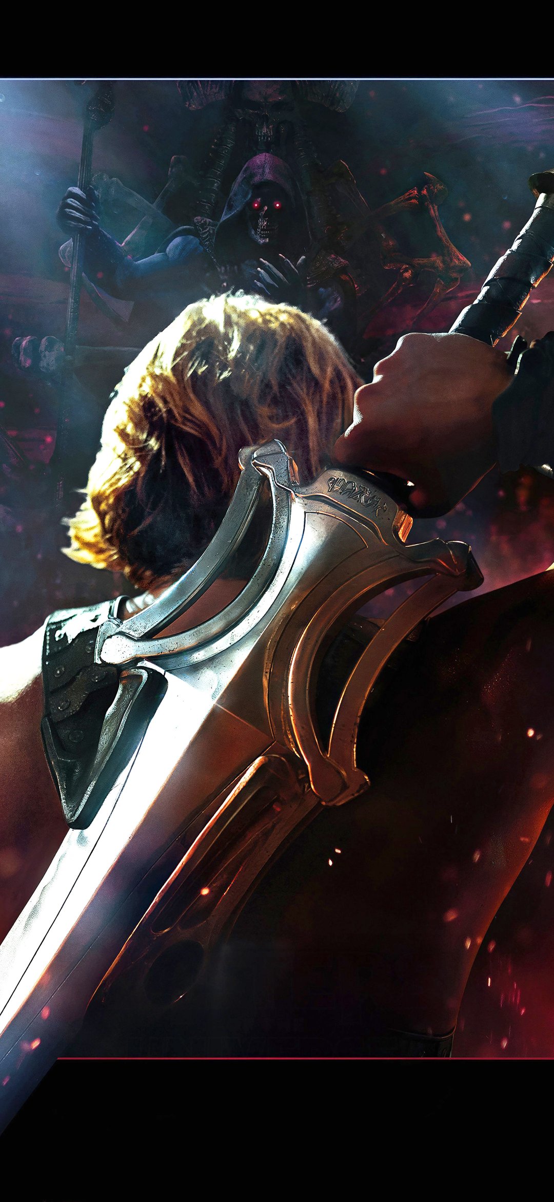 He-Man holding Power Sword facing Skeletor - Wallpapers for iPhone 12 mini/13 mini, Samsung Galaxy S24/S24 FE/S25/S25 FE/S26/A55/A56/A35/A26/A16/M15, Xiaomi, Sony Xperia in 1080x2340 resolution
