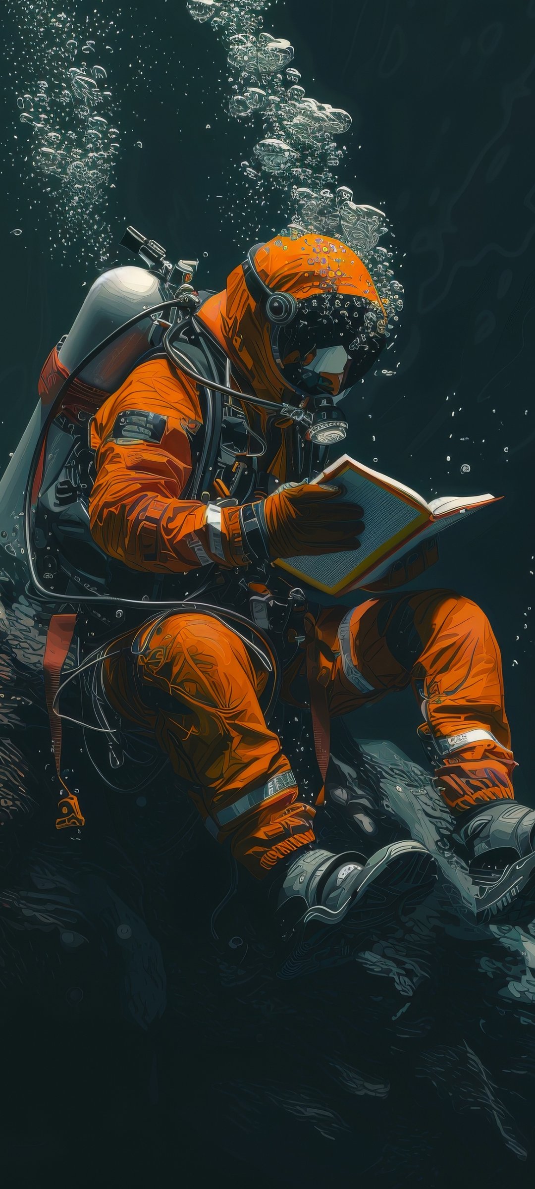Scuba diver reading underwater - Wallpapers for Samsung Galaxy M55, POCO M4/X4/X5, Xiaomi Redmi 12/13/Note 13/Note 14/Note 14S in 1080x2400 resolution