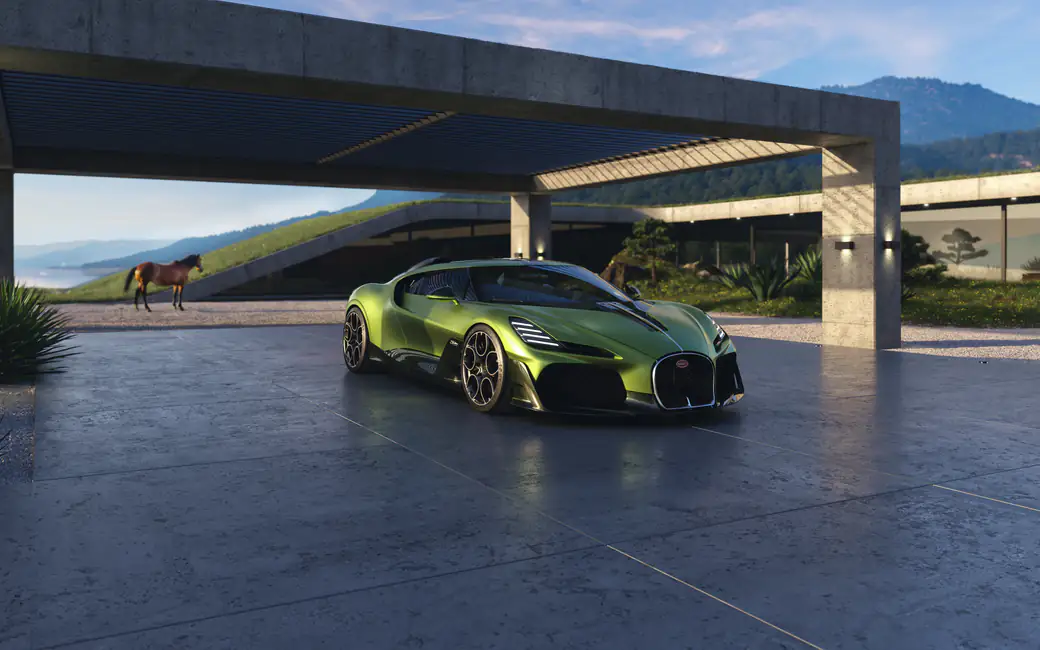 Bugatti Brouillard parked near modern house — desktop and phone wallpaper, free download