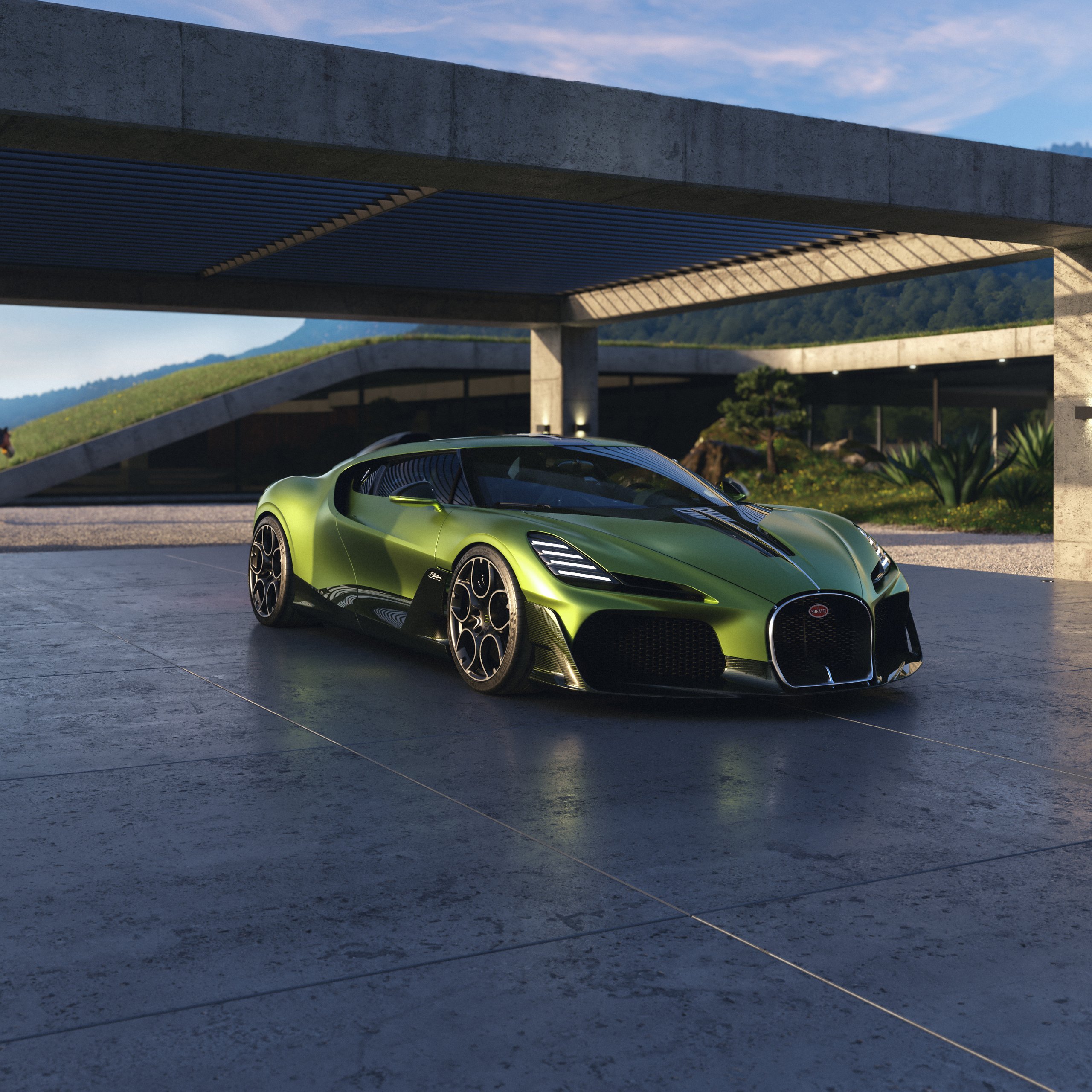 Bugatti Brouillard parked near modern house - Wallpapers for Samsung Galaxy Tab S9 FE+/Tab S11, Xiaomi Pad 5, Redmi Pad 2 Pro, POCO Pad in 2560x2560 resolution