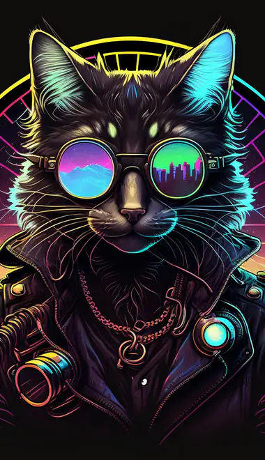 urbanization Wallpapers for iPhone 17 Pro/17/16 Pro (1206x2622): cat, retrowave, sunglasses, neon