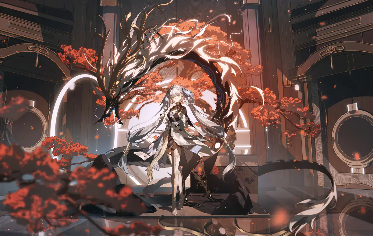 Jinhsi from Wuthering Waves with a dragon — desktop and phone wallpaper, free download