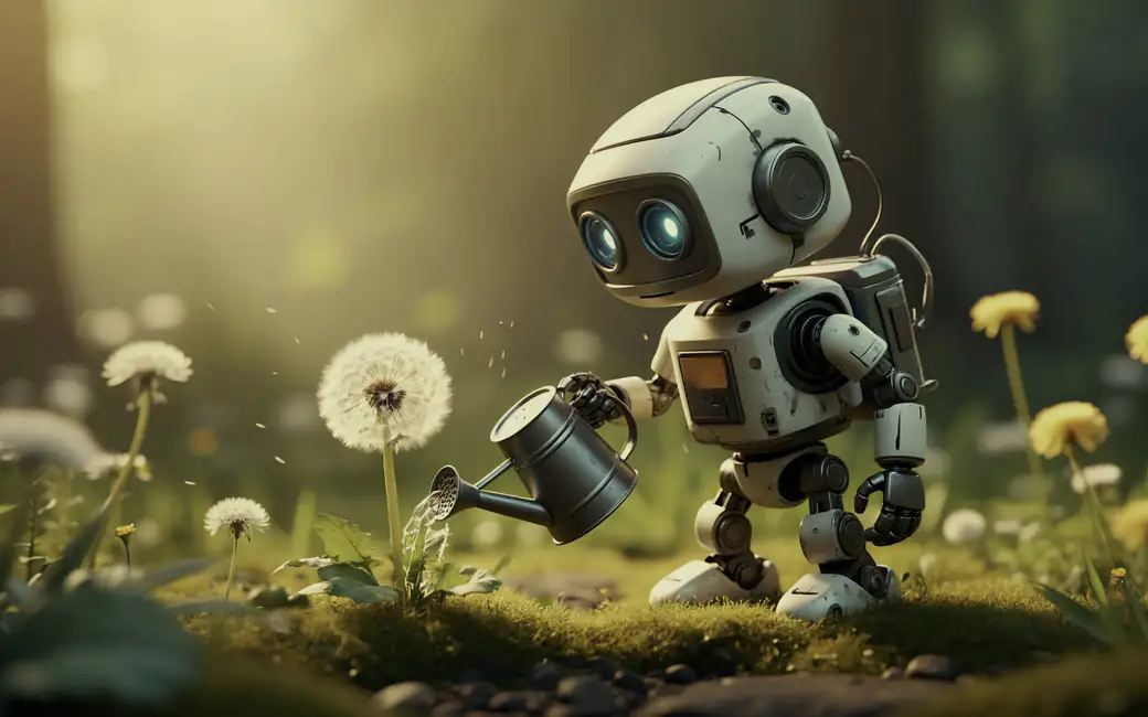 Cute robot watering flowers with metal can — desktop and phone wallpaper, free download