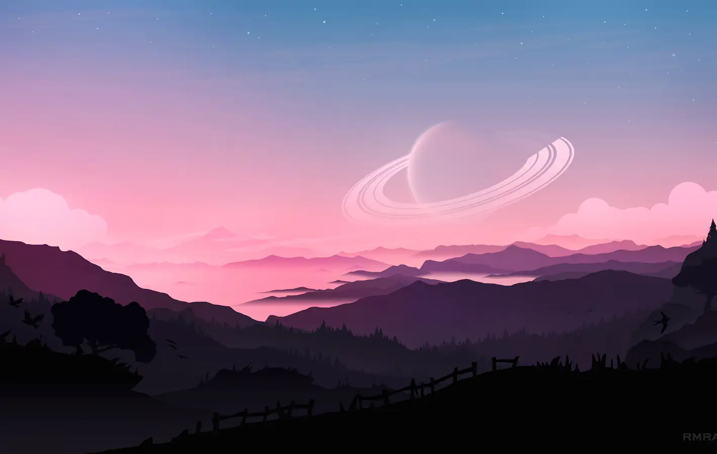 Saturn over a mountain valley at sunset — desktop and phone wallpaper, free download
