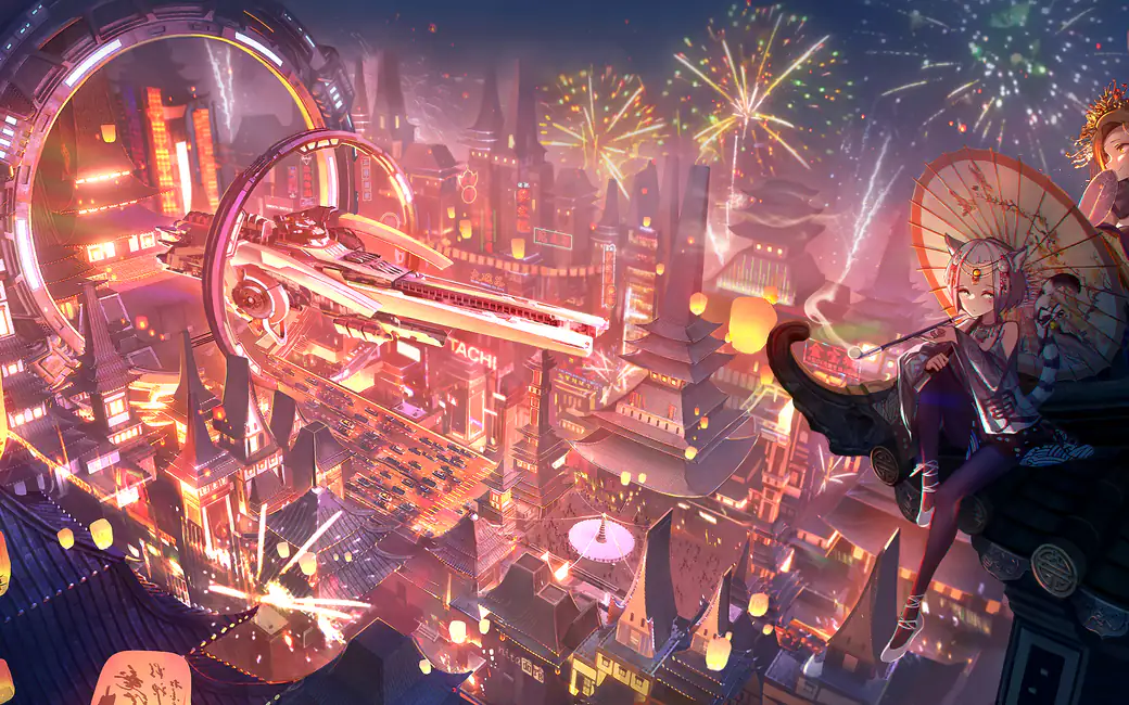 Asian Cyberpunk City Festival — desktop and phone wallpaper, free download