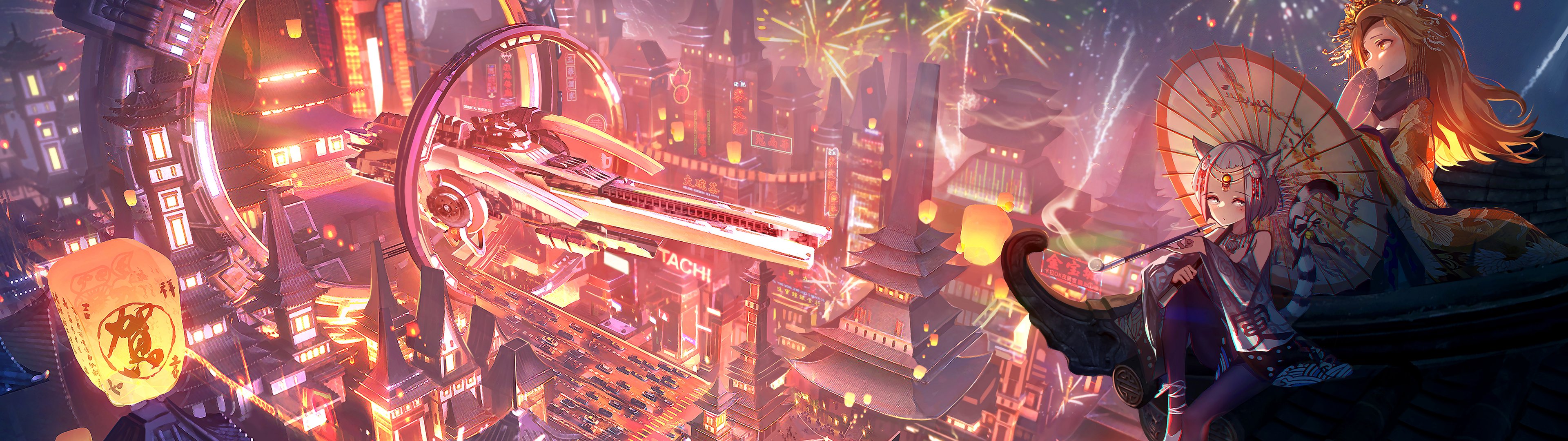 Asian Cyberpunk City Festival - UltraWide 32:9 wallpapers in 3840x1080 resolution