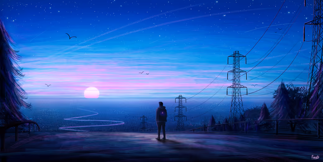 Lonely man watches the sunset — desktop and phone wallpaper, free download