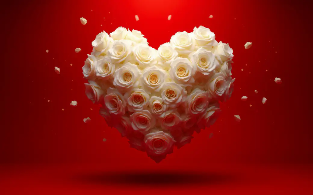Heart shape made from white roses for Valentines Day — desktop and phone wallpaper, free download