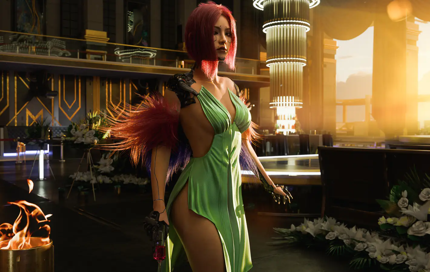 Song So Mi from Cyberpunk in elegant green dress — desktop and phone wallpaper, free download