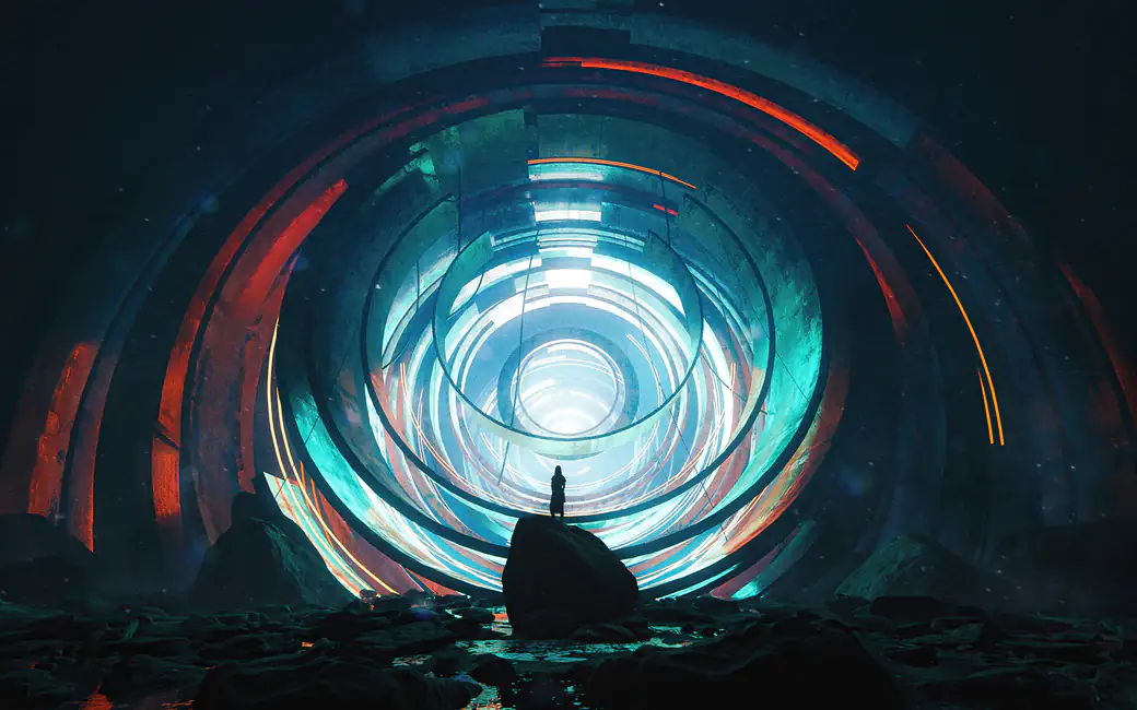 Mystical portal in the cave — desktop and phone wallpaper, free download