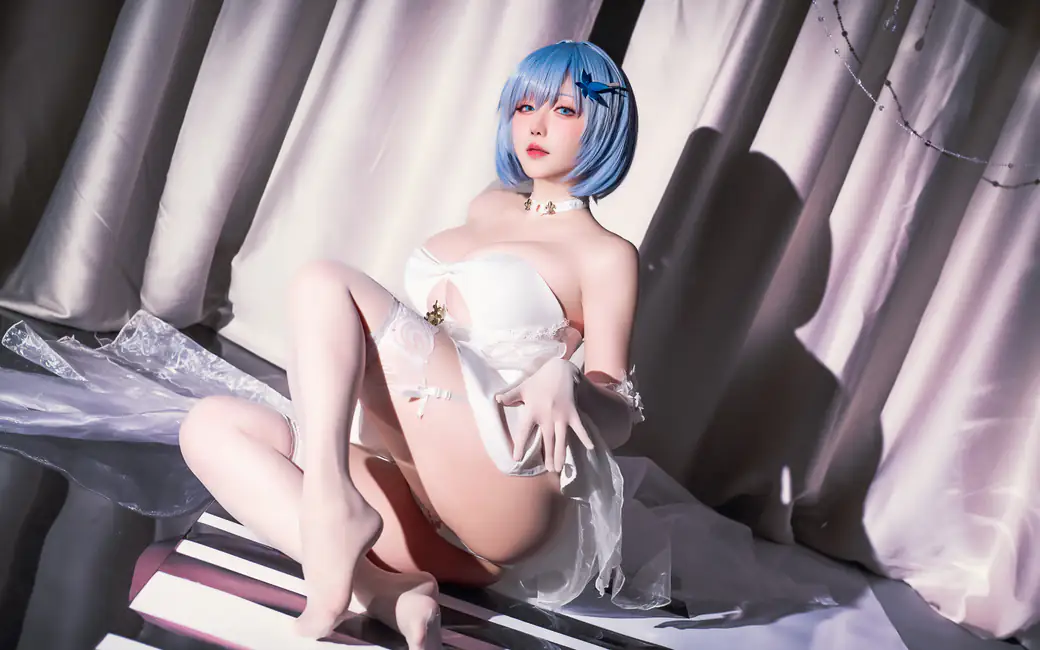 Hoshilily in white lingerie with blue hair — desktop and phone wallpaper, free download