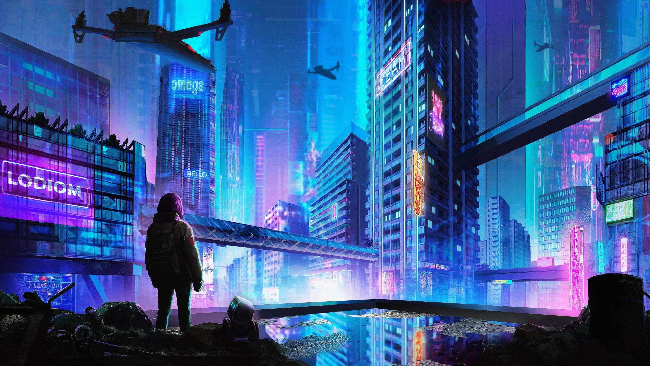 Cyberpunk city with neon lights and drones - 2K Quad HD wallpapers